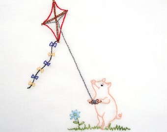 Pig Flying a Kite Hand Embroidery Pattern PDF - stitching instructions included!