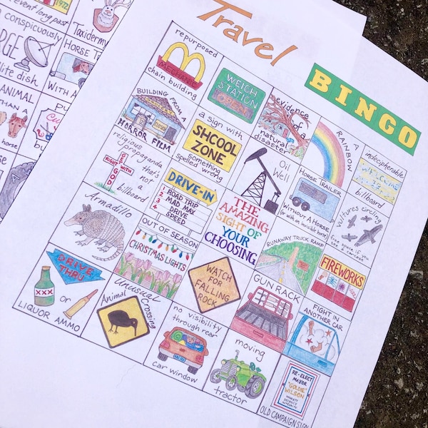 Not Boring! Travel Road Trip Bingo Printable PDF Set of 4 Hand-Drawn Cards (49 unique squares) for Adults & Older Kids