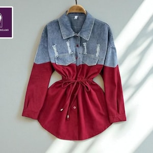 Color Block Denim Blouse | Women’s Drawstring Tunic Top | Patchwork Button Down Style | Casual Long Sleeve Outfit | Stylish Daily Wear