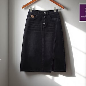 High Waist Denim Skirt | Button Front A-Line Style | Casual Mid-Length Bottom | Side Pockets Details | Modest Everyday Look