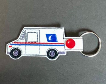 Porte-clés véhicule postal | porte-clés camion postal | porte-clés brodé | porte-clés en similicuir | porte-clés de bureau de poste | cadeau de facteur