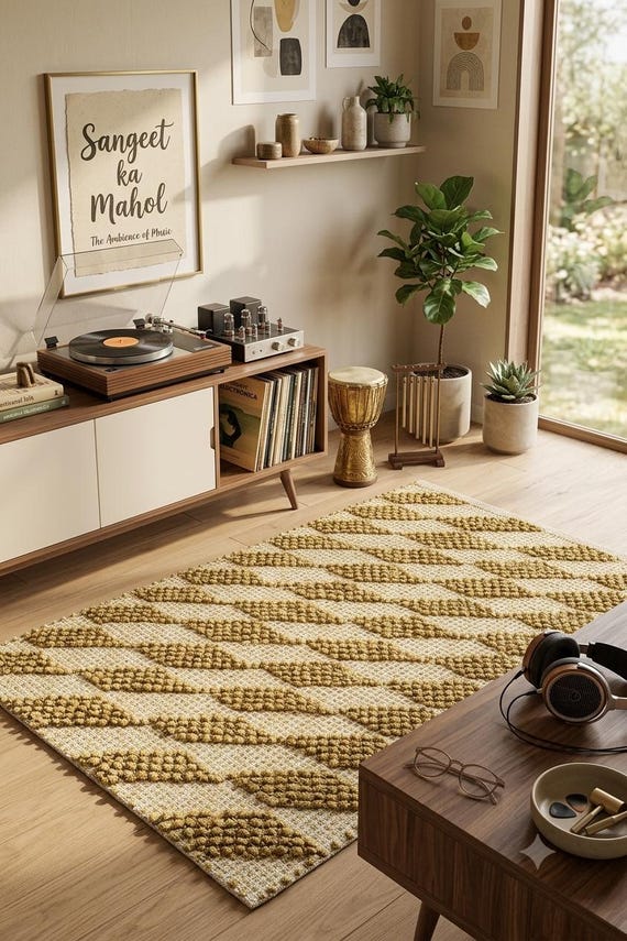 Geometrisches Rautenmuster, handgewebter Jute-Teppich, Boho-Teppich im neutralen Landhausstil