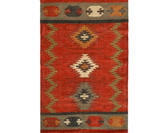 Alfombra Kilim de yute y lana hecha a mano: Alfombra de estilo bohemio para el suelo