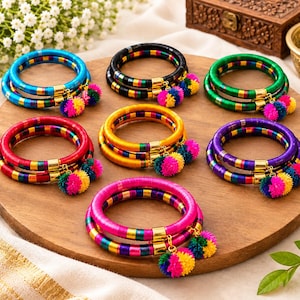 Handmade Indian Thread Wrapped Bangles, Colorful Pom Pom Bracelets, Ethnic   (6 Set)