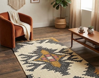 Tappeto Kilim fatto a mano in stile sud-occidentale, tappeto tribale geometrico in lana, arredamento boho rustico stile fattoria