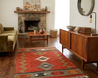 Handmade Red Kilim Rug, Wool Jute Southwestern Tribal Area Rug