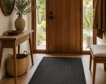 Handmade  Braided Black Jute Rug: Boho Runner, Eco-Friendly
