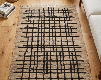 Handwoven Jute Rug, Black Grid Pattern, Natural Hemp Area Carpet