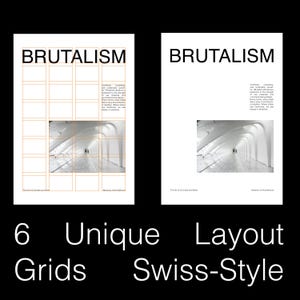 Puede incluir: Dos carteles blancos con la palabra "BRUTALISM" en la parte superior. Uno tiene una superposición de cuadrícula y una imagen de un pasillo blanco. El otro cartel tiene la misma imagen. Debajo, el texto dice: "6 Unique Grids Layout Swiss-Style."