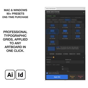 May include: A digital interface for a Swiss Grid System software tool featuring 90+ presets for Mac and Windows. The screen displays various grid layout options, including column and modular settings, with an Apply Grid button and Ai and Id icons.