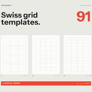 Puede incluir: Un gráfico digital con el texto True Growth, The Grid Collection y Swiss grid templates. El número 91 aparece en fuente roja grande. Tres diseños de cuadrícula rectangulares blancos con líneas negras finas. Una barra roja inferior contiene el texto Illustrator + Indesign y A4 A3 / 4 formats.
