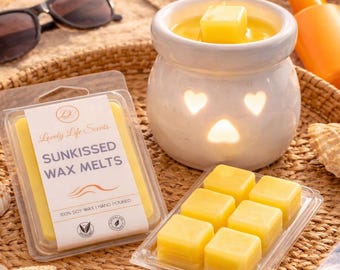 Pastillas de cera de soja Sunkissed, aroma a loción bronceadora playera, cubos de coco y cítricos tropicales.