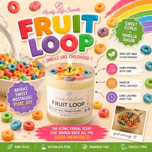 May include: A scented candle in a clear glass jar labelled Fruit Loop with 11 oz net weight, topped with colourful cereal-shaped wax pieces. The candle is surrounded by illustrations of fruit cereal loops, milk, and text describing the scent.