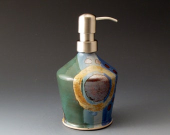 Soap and Lotion Dispenser, Handmade Ceramic Bottle, Blue and Green, Pump Bottle, Soap Dispenser, Covered Jar, Bathroom