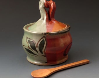 Handmade Sugar Bowl, Celadon and Shino Colors, Ceramic Lidded Jar, Sugar Bowls, Honey Pot