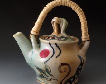 Wheelthrown Teapot with Cane and Reed Handle, Pea and Leaf Design, Handmade Ceramic Teapot, Fine Art Ceramics, Tea Makers, Teapots