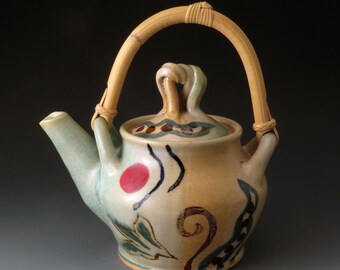 Wheelthrown Teapot with Cane Handle, Pea and Leaf Design, Handmade Ceramic Teapot, Fine Art Ceramics, Tea Makers, Teapots