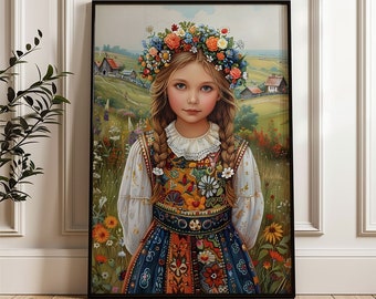 Printable Polish Folk Art – Vibrant Girl in Traditional Costume, Folklore Heritage Wall Decor Poster no28