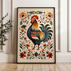 May include: A colourful rooster illustration with a red comb and wattle, surrounded by a floral pattern in shades of red, yellow, green, and blue. The rooster is standing on a cream-coloured background.