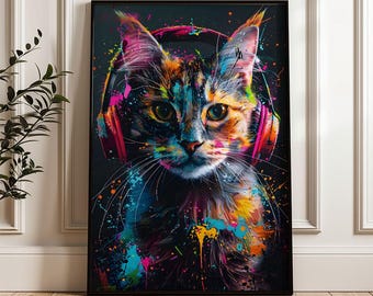 Printable Colorful Cat with Headphones Wall Art – Vibrant Pop Art Animal Poster, Print at Home, Modern Decor for Music Lovers Poster no70