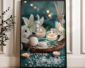 Printable Spa Candle Set – Lilies, Bath Salts & Essential Oils, Relaxing Aromatherapy Wall Art Poster no44