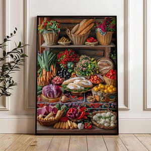 Printable Rustic Harvest Wall Art – Cozy Kitchen Decor with Vegetables & Bread, Country Style Poster no48