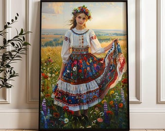 Printable Polish Folk Art – Girl in Folk Costume, Countryside Folklore Heritage Wall Poster no46