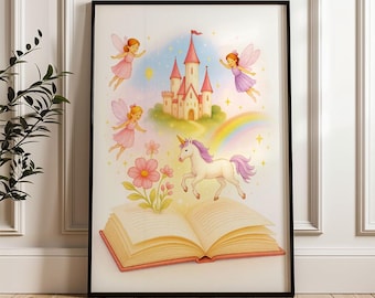 Magical fairytale illustration with unicorn, fairies and castle – pastel kids wall art, girls room decor Poster no75