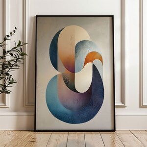 May include: Abstract art print featuring a swirling design of overlapping circles in shades of blue, orange, and beige. The print is framed in a black frame.