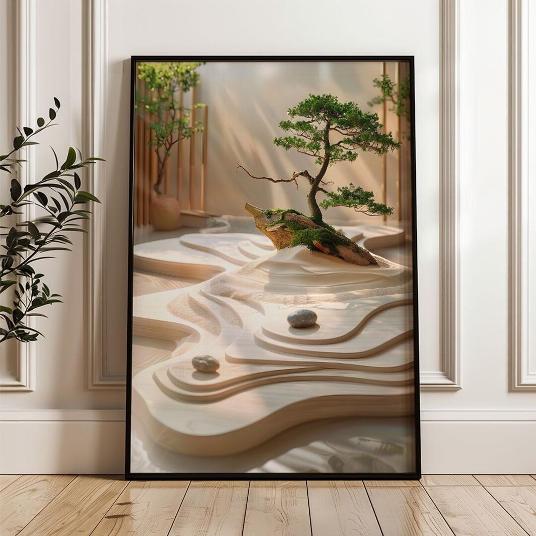 Printable Minimalist Zen Garden Wall Art With Bonsai Tree, Raked Sand ...