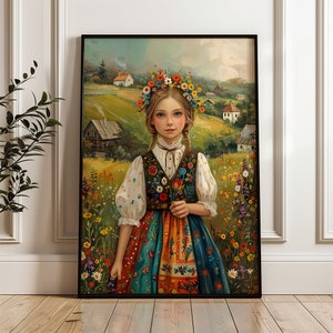 Printable Polish Folk Art – Girl in Vibrant Traditional Costume, Countryside Decor Poster no26