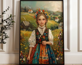 Printable Polish Folk Art – Girl in Vibrant Traditional Costume, Countryside Decor Poster no26