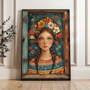Printable Polish Folk Art – Village House & Woman in Folk Attire, Vibrant Heritage Wall Decor Poster no54