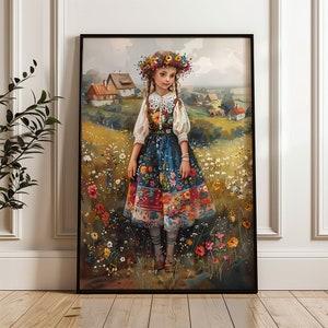 Printable Polish Folk Art – Girl in Vibrant Folk Costume, Countryside Scene Heritage Wall Poster no27
