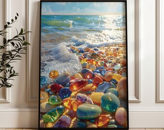 印刷可能なカラフルな小石と砂 - 海岸のビーチの壁アート、明るい晴れた日のデジタルダウンロードポスター no34