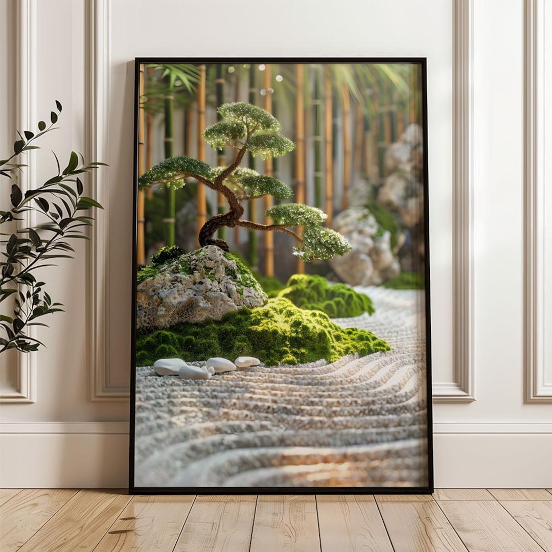 Printable Serene Digital Zen Garden Wall Art With Bonsai Trees, Raked ...