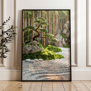 Arte mural de jardín zen imprimible: bonsái, arena rastrillada y bambú. Decoración minimalista y serena. Póster de descarga instantánea n.º 52.