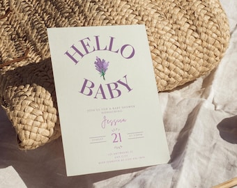 Lavender Baby Shower Invitation Template: Purple Boho Floral (5x7 Printable, Editable Canva Template)