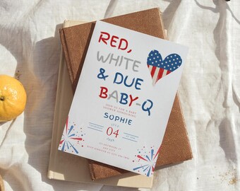Red White and Due Baby Shower Invitation: 4th of July Baby-Q (Editable Template, 5x7")