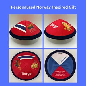 Pode incluir: Uma cole&ccedil;&atilde;o de quip&aacute;s vermelhos, brancos e azuis inspirados na Noruega. Cada quip&aacute; apresenta designs &uacute;nicos, incluindo a bandeira norueguesa, um alce e a palavra "Norge". A imagem tamb&eacute;m inclui o texto "Personalized Norway-Inspired Gift."