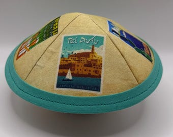 The Yishuv Postcard (aka Visit Tel Aviv) | Whimsical Yarmulke | Fun Kippah | Handmade Judaica