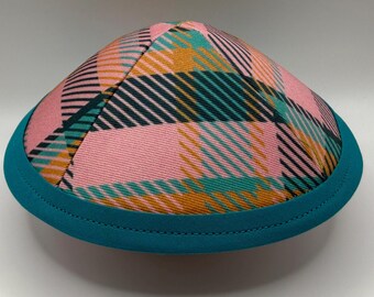 The Pink-Turquoise-Teal Plaid | Whimsical Yarmulke | Fun Kippah | Handmade Judaica