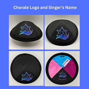 Pode incluir: Kip&aacute;s pretas com um logotipo com uma Estrela de David e as letras "TJC" num design estilizado. O logotipo &eacute; em tons de azul e roxo. Uma kip&aacute; tem o nome "Bernie Most".