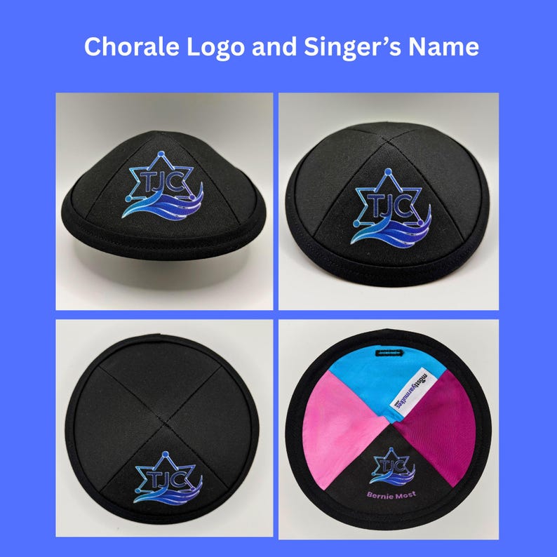 Pode incluir: Kip&aacute;s pretas com um logotipo com uma Estrela de David e as letras "TJC" num design estilizado. O logotipo &eacute; em tons de azul e roxo. Uma kip&aacute; tem o nome "Bernie Most".