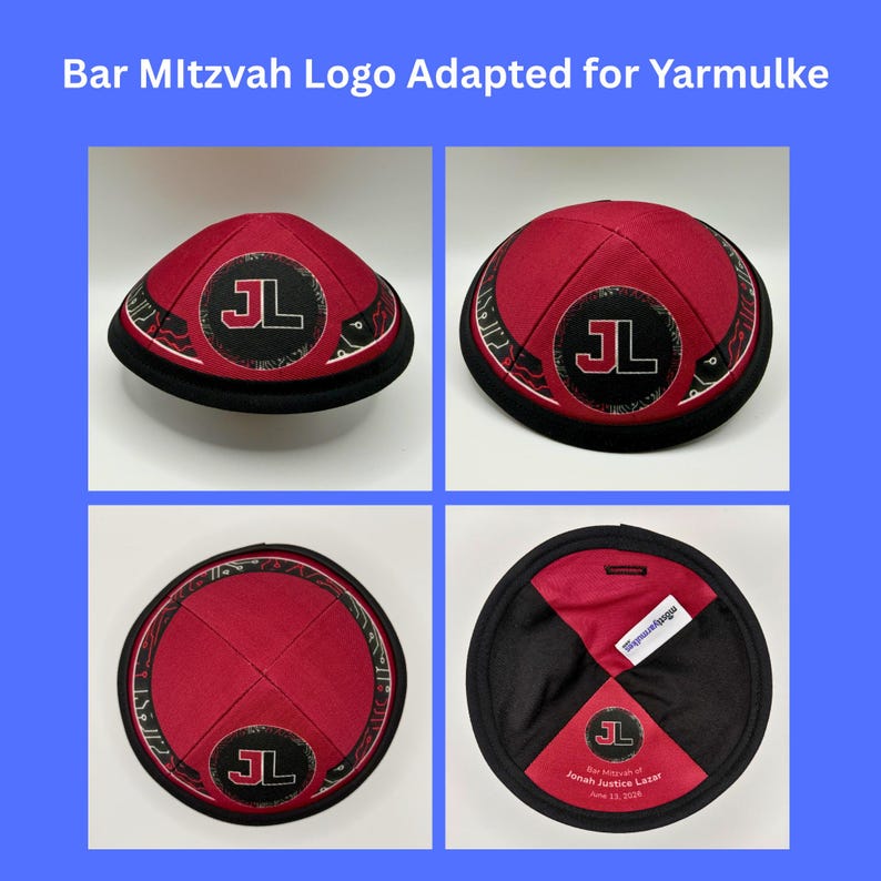Pode incluir: Quatro imagens de um quip&aacute; vermelho e preto com um logotipo circular com as iniciais "JL". Os quip&aacute;s t&ecirc;m uma borda preta e um design padronizado em torno do logotipo. O texto "Bar Mitzvah Logo Adapted for Yarmulke" est&aacute; no topo.