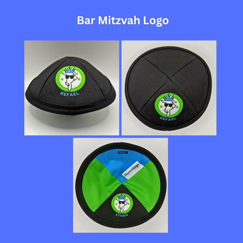 Pode incluir: Tr&ecirc;s quip&aacute;s pretas com um logotipo de cabra de desenho animado, o texto "Bar Mitzvah Logo" est&aacute; no topo. Uma quip&aacute; &eacute; redonda, outra tem formato de c&uacute;pula e a terceira tem pain&eacute;is verdes, azuis e pretos. O logotipo inclui os nomes "RAFAEL" e "ETHAN".