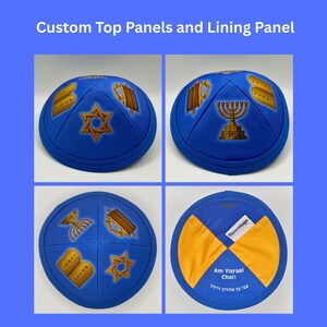 Pode incluir: Quip&aacute;s azuis com s&iacute;mbolos religiosos dourados, incluindo uma Estrela de David, t&aacute;buas e uma menor&aacute;. A imagem inclui o texto "Custom Top Panels and Lining Panel."