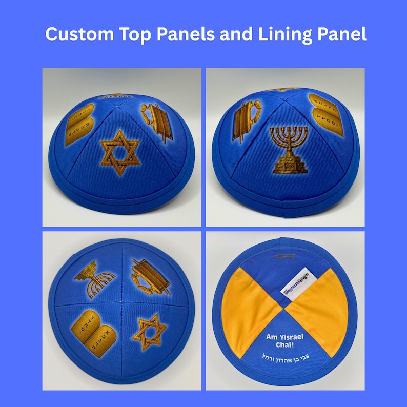 Pode incluir: Quip&aacute;s azuis com s&iacute;mbolos religiosos dourados, incluindo uma Estrela de David, t&aacute;buas e uma menor&aacute;. A imagem inclui o texto "Custom Top Panels and Lining Panel."