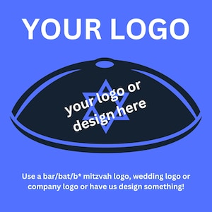 Pode incluir: Um fundo azul com o texto "YOUR LOGO" em branco. Uma forma de quip&aacute; azul escuro com uma Estrela de David e o texto "your logo or design here". O texto abaixo diz "Use a bar/bat/b* mitzvah logo, wedding logo or company logo or have us design something!"