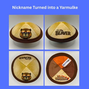 Pode incluir: Uma cole&ccedil;&atilde;o de quatro quip&aacute;s com um esquema de cores castanho e bege. Os quip&aacute;s apresentam uma borda castanha e v&aacute;rios desenhos, incluindo um castor com &oacute;culos de sol e o texto "The Beaver" e "Kevin... the Beaver". O texto "Nickname Turned into a Yarmulke" est&aacute; no topo.